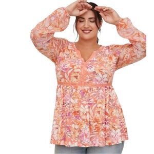 Torrid Babydoll Fabric Mix Super Soft Balloon Chiffon Sleeve Top